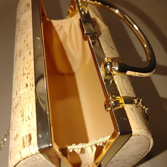 Crossbody Cork Gold Tone Hard Shell Handbag Purse Bag Case Chain Metal Handle - Picture 4 of 12